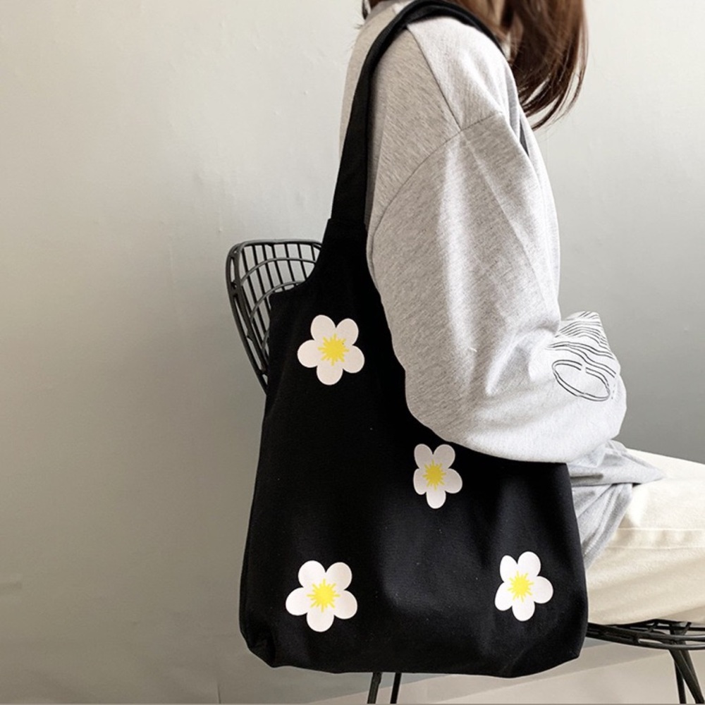 Black flower tote bag